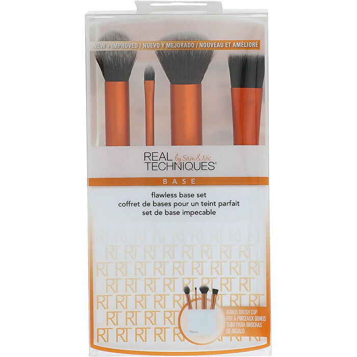 Real Techniques Flawless Base Set: Contour Brush & Detailer Brush & Buffing Brush & Square Foundation Brush & Brush Cup 5pcs