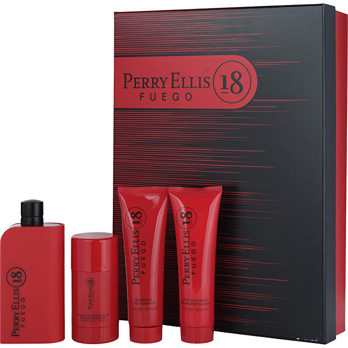 Perry Ellis 18 Fuego Eau De Toilette Spray 100ml/3.4oz & Aftershave Balm 90ml/3oz & Deodorant Stick 81ml/2.75oz & Shower Gel 90ml/3oz