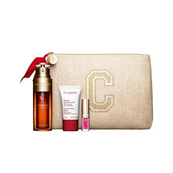 Clarins Double Serum Luminosity Set: Double Serum 30ml/1.7oz & Double Serum Eye 0.9oz & Beauty Flash Balm 0.5oz & Lip Comfort Oil 04 Pitaya 0.04oz 4pcs+pouch