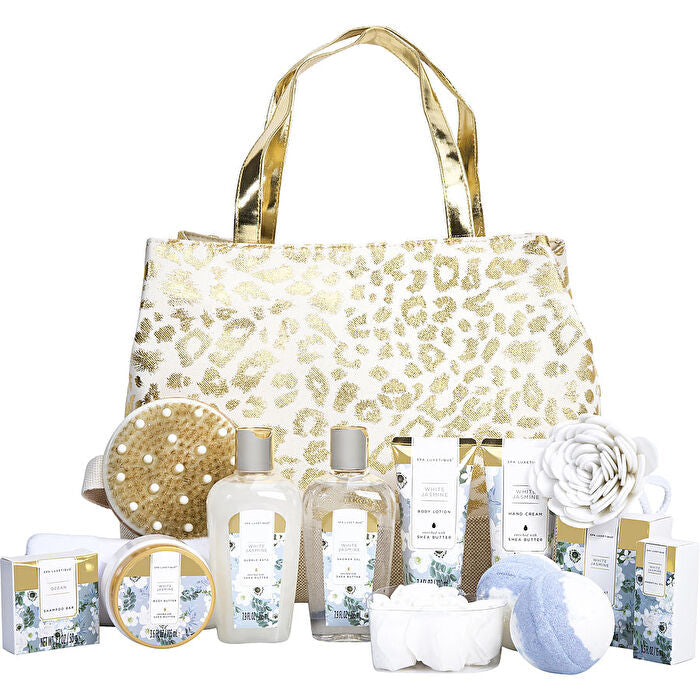 Spa Luxetique White Jasmine Fashion Bath Tote: Shower Gel & Bubble Bath & Bath Salt & Body Butter & Hand Cream & Body Lotion & Essential Oil & Shampoo Bar & 2x Bath Bombs & Hair Towel & Body Brush & Sponge & Soap Petals & Tote & Bag 13pcs