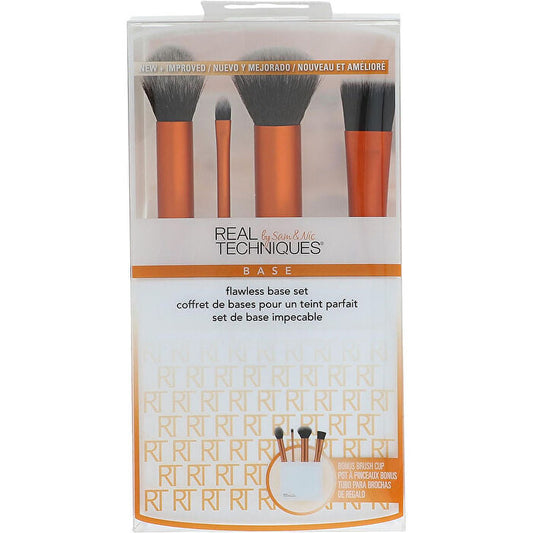 Real Techniques Flawless Base Set: Contour Brush & Detailer Brush & Buffing Brush & Square Foundation Brush & Brush Cup 5pcs