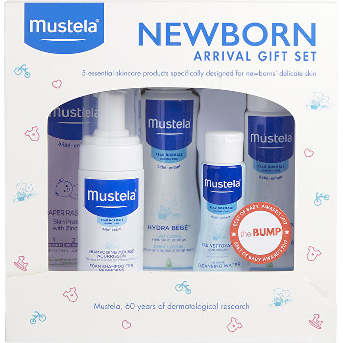Mustela Newborn Arrival Set: Foam Shampoo 150ml/5.07oz & Gentle Cleansing Gel 180ml/6.76oz & No-rinse Cleansing Water 90ml/3.38oz & Hydra Bebe Body Lotion 300ml/10.14oz & Diaper Rash Cream 90ml/3.80oz 5pcs