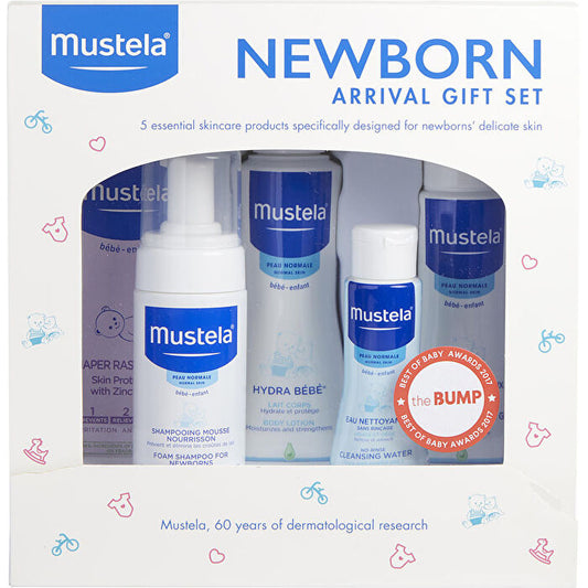 Mustela Newborn Arrival Set: Foam Shampoo 150ml/5.07oz & Gentle Cleansing Gel 180ml/6.76oz & No-rinse Cleansing Water 90ml/3.38oz & Hydra Bebe Body Lotion 300ml/10.14oz & Diaper Rash Cream 90ml/3.80oz 5pcs