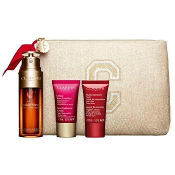 Clarins Double Serum And Super Restorative Collection Set: Double Serum 50ml/1.7oz & Super Restorative Rose Radiant Day Cream 15ml/0.5oz & Super Restorative Night Cream 15ml/0.5oz & Double Serum Eye 0.9ml 4pcs+pouch