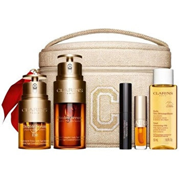 Clarins Double Serum Face And Eye Revitalizers: Double Serum 30ml/1oz & Double Serum Eye 0.6oz & Total Cleansing Oil 30ml/1.6oz +lip Comfort Oil 01 Honey 0.04oz & Wonder Perfect Mascara 4d 0.1oz 5pcs+pouch