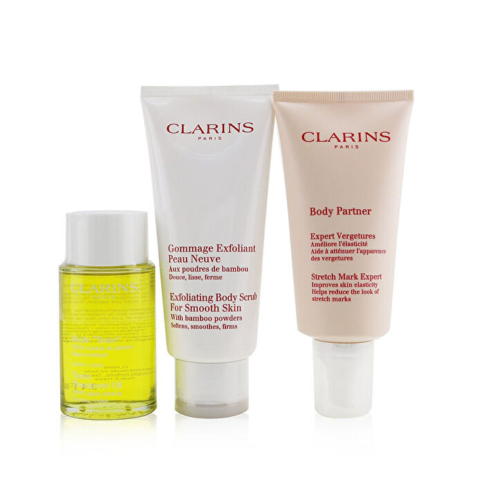 Clarins A Beautiful Pregnancy Set: Body Partner 175ml+ Exfoliating Body Scrub 200ml+ Body Treatment Oil-tonic 100ml/3.4oz 3pcs