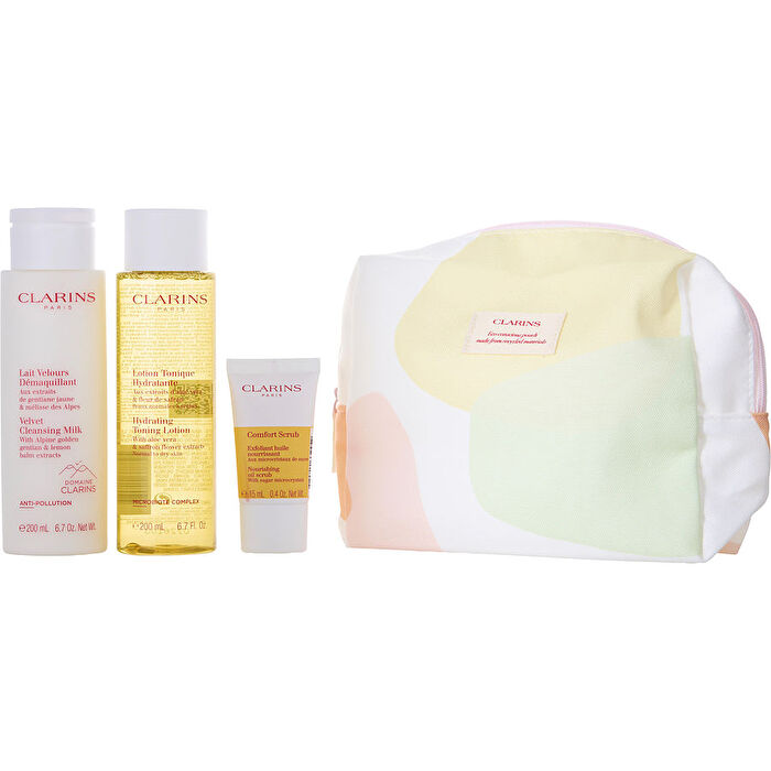 Clarins Cleansing Milk 200ml/6.7oz & Toning Lotion 200ml/6.7oz & Comfort Scrub 15ml/0.5oz 3pcs & Bag