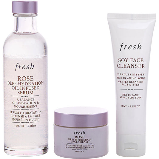 Fresh 3-step Hydration Heroes Set: Soy Face Cleanser 50ml/1.7oz & Rose Deep Hydration Serum 100ml/3.4oz & Rose Face Cream 30ml/1oz 3pcs