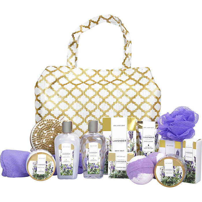 Spa Luxetique Lavender Fashion Bath Tote: Shower Gel & Bubble Bath & Bath Salt & Body Scrub & Hand Cream & Body Lotion & Massage Oil & Shampoo Bar & Soap & 2x Bath Bombs & Bath Loofah & Body Brush & Hair Drying Towel & Tote Bag & Bag 13pcs