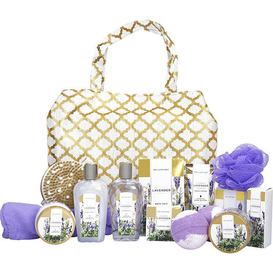 Spa Luxetique Lavender Fashion Bath Tote: Shower Gel & Bubble Bath & Bath Salt & Body Scrub & Hand Cream & Body Lotion & Massage Oil & Shampoo Bar & Soap & 2x Bath Bombs & Bath Loofah & Body Brush & Hair Drying Towel & Tote Bag & Bag 13pcs