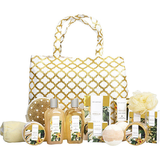 Spa Luxetique Vanilla Fashion Bath Tote: Shower Gel & Bubble Bath & Bath Salt & Body Scrub & Hand Cream & Body Lotion & Massage Oil & Shampoo Bar & Soap & 2x Bath Bombs & Bath Loofah & Body Brush & Hair Drying Towel & Tote Bag & Bag 13pcs
