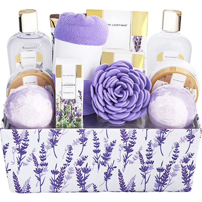 Spa Luxetique Lavender Bath & Shower Basket: Shower Gel & Bubble Bath & Body Lotion & Hand Cream & Massage Oil & Bath Salt & Body Scrub & Soap & 2x Bath Bombs & Bath Loofah & Hair Drying Towel & Handmade Box & Box 10pcs