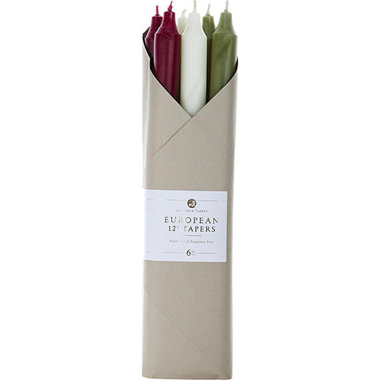 Northern Lights Country Christmas Tapers Combo Pack 12" Eurpoean Tapers (- 2 Bordeaux 2 Ivory 2 Moss Green) 6 Pack